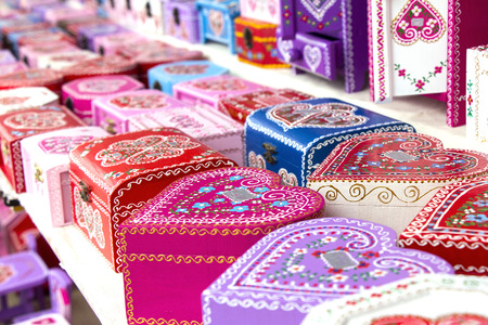 Wooden gift boxes painted with traditional Croatian decorations, as souvenirの写真素材