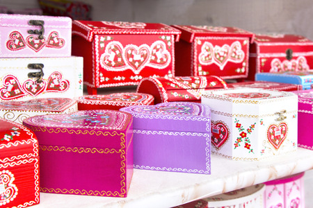 Wooden gift boxes painted with traditional Croatian decorations, as souvenirの写真素材