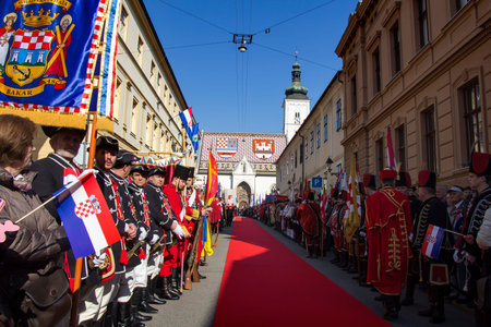 ZAGREB, CROATIA - FEBRUARY 15: Croatian historical troops and many people along the red carpet for...