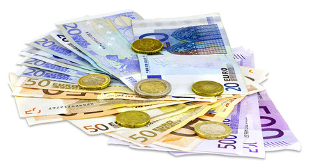 A bundle of Euro banknotes and coins isolated on a white background with Clipping Pathの写真素材