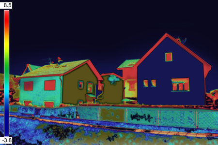 Infrared thermovision image showing lack of thermal insulation on Houseの写真素材