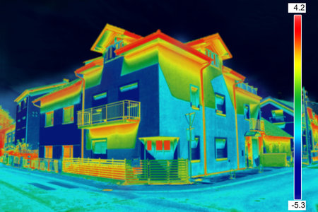 Infrared thermovision image showing lack of thermal insulation on Houseの写真素材