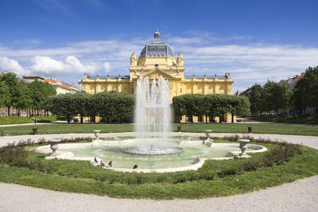 The fountain in front Art pavilion in Zagreb, Croatia, the famous exhibition hallのeditorial素材