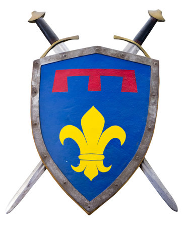 Medieval shield and sword isolated on white background with Clipping Pathの写真素材