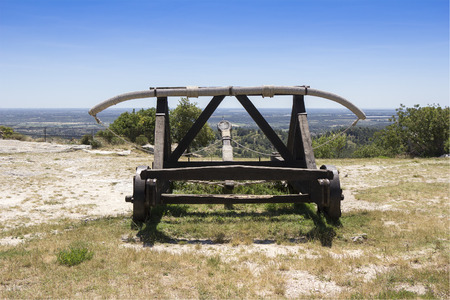 Old wooden medieval catapult at Les Baux de Provence, Franceの写真素材