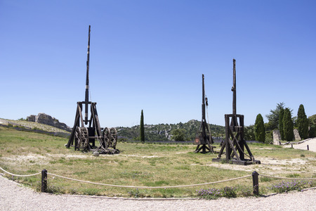 Old wooden medieval trebuchet at Chateau Des Baux de Provence, Franceの写真素材