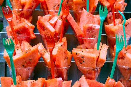 Fresh Watermelon cocktail salad in plastic cups on a market stall