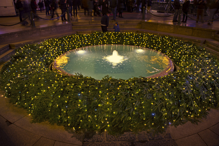 Mandusevac fountain on Ban Jelacic square in Zagreb advent evening view の写真素材