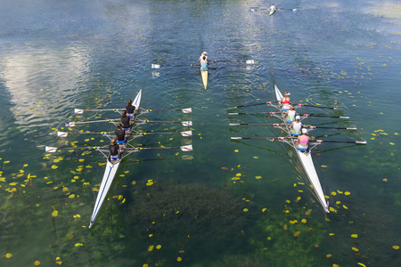 Young athletes rowing on the tranquil lakeの写真素材