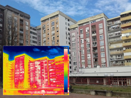 Infrared and real image showing lack of thermal insulation on Residential buildingの写真素材