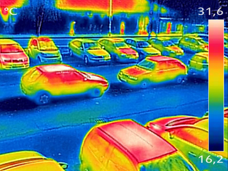 Thermal image showing parked cars at town parking lotの写真素材