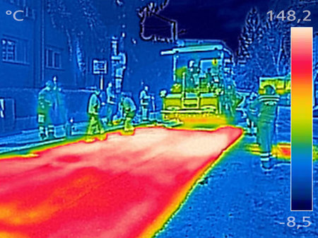 Infrared thermovision image showing Workers on Asphalting paver machine during Road street repairing...