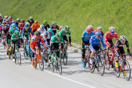 ZAGREB, CROATIA - APRIL 23, 2017: Bikers racing  during 6th stage race in Tour of Croatia, international cycling race run along Adriatic coast and inland.のeditorial素材