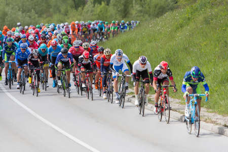 ZAGREB, CROATIA - APRIL 23, 2017: Bikers racing  during 6th stage race in Tour of Croatia, international cycling race run along Adriatic coast and inland.のeditorial素材