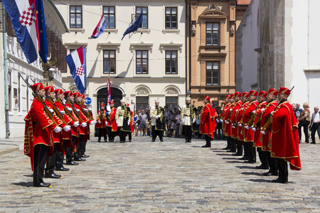 ZAGREB, CROATIA - JUNE 03, 2017: Shift of the Guards Ceremony On the St. Mark's Square on June 03, 2017 in Zagreb.のeditorial素材