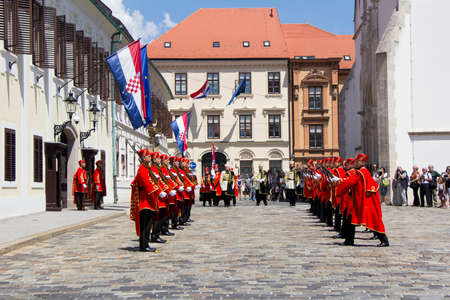 ZAGREB, CROATIA - JUNE 03, 2017: Shift of the Guards Ceremony On the St. Mark's Square on June 03, 2017 in Zagreb.のeditorial素材
