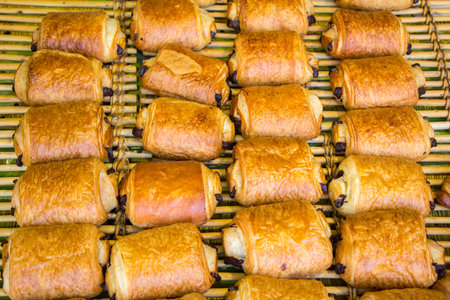 Freshly baked French chocolate bread, in street bakery store 