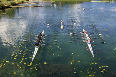 Young people training rowing on the lake Jarun in Zagrebの写真素材