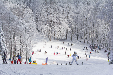 Group kids and people sledding and skiing in the snow in the winterのeditorial素材