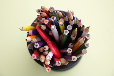 Many different colored pencils in a pencil caseの写真素材