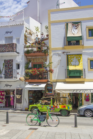 IBIZA, SPAIN - JUNE 21, 2017. View of the Ibiza old town streets in Dalt Vila plenty of restaurants. IBIZA is one of the Balearic islands that are located in the Mediterranean Seaのeditorial素材