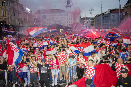 ZAGREB, CROATIA - JULY 11 Croatian football fans on the Ban Jelacic Square, watching 2018 FIFA WORLD CUP RUSSIA match Croatia vs England on July 11, 2018 in Zagreb, Croatiaのeditorial素材