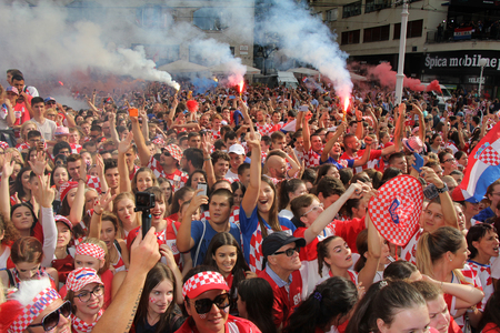 ZAGREB, CROATIA - JULY 15 Croatian football fans on the Ban Jelacic Square, watching 2018 FIFA WORLD CUP RUSSIA match France vs Croatia on July 15, 2018 in Zagreb, Croatiaのeditorial素材