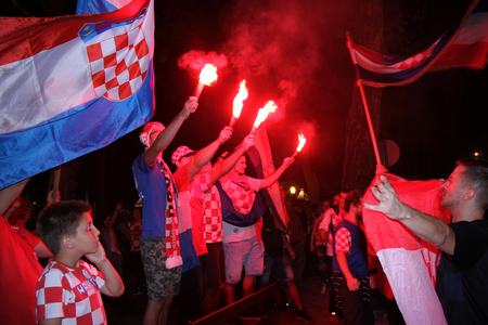 ZAGREB, CROATIA - JULY 15 Croatian football fans after the match of France vs Croatia 2018 FIFA WORLD CUP RUSSIA, celebrate winning 2nd place on July 15, 2018 in Zagreb, Croatiaのeditorial素材