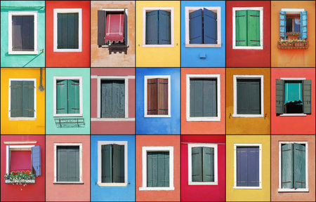 Collage of colorful windows with frames in Burano, Venice, Italyの写真素材