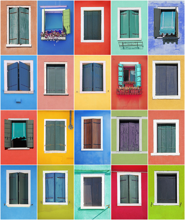Collage of colorful windows with frames in Burano, Venice, Italyの写真素材