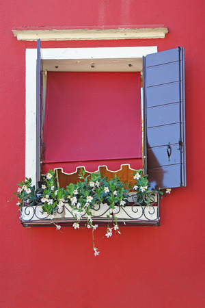 Window on a red wall, decorated with flowersの写真素材