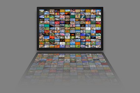 LCD TV panels as Video wall with colorful imagesの写真素材