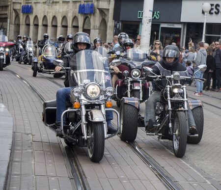 ZAGREB, CROATIA - JUNE 01 Group of motorcycle Harley Davidson fans on the Ban Jelacic Square, on June 01, 2019 in Zagreb, Croatiaのeditorial素材