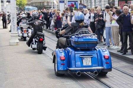 ZAGREB, CROATIA - JUNE 01 Group of motorcycle Harley Davidson fans on the Ban Jelacic Square, on June 01, 2019 in Zagreb, Croatiaのeditorial素材