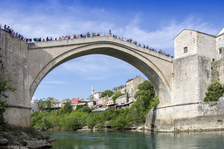 Mostar with the Old Bridge houses and minarets in Bosnia and Herzegovinaのeditorial素材