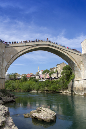 Mostar with the Old Bridge houses and minarets in Bosnia and Herzegovinaのeditorial素材