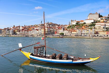 Panoramic view of old town Porto and Douro River with traditional Rabelo boats.の写真素材