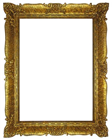 Old wooden gilded rectangle Frame Isolated on white backgroundの写真素材