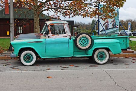 Zagreb, Croatia - 09. November  2019: Old green vintage Chevrolet 3600 pickup truck classic, on the road in Zagrebのeditorial素材