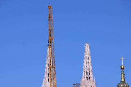 Removal part of the left tower of Zagreb Cathedral, damaged in the earthquake of March 22. 2020. The right tower itself collapsed.の写真素材