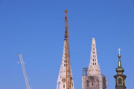 Removal part of the left tower of Zagreb Cathedral, damaged in the earthquake of March 22. 2020. The right tower itself collapsed.の写真素材