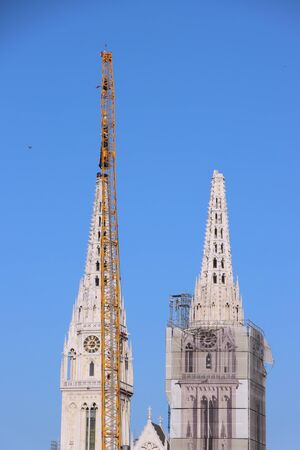 Removal part of the left tower of Zagreb Cathedral, damaged in the earthquake of March 22. 2020. The right tower itself collapsed.の写真素材