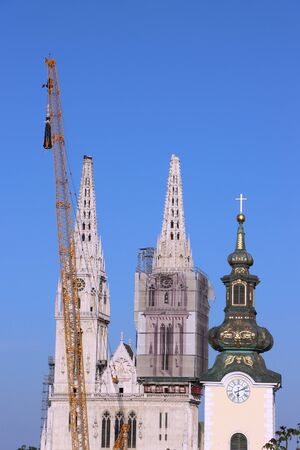 Removal part of the left tower of Zagreb Cathedral, damaged in the earthquake of March 22. 2020. The right tower itself collapsed.の写真素材