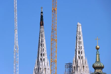 Removal part of the left tower of Zagreb Cathedral, damaged in the earthquake of March 22. 2020. The right tower itself collapsed.の写真素材