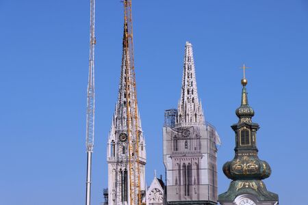 Removal part of the left tower of Zagreb Cathedral, damaged in the earthquake of March 22. 2020. The right tower itself collapsed.の写真素材