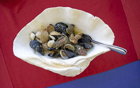 Delicious dish of mixed shellfish served in a large shellの写真素材