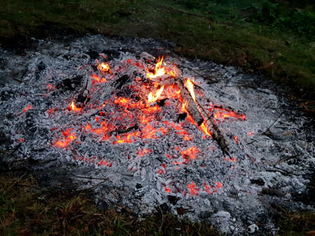 Glowing embers of burning wood log fireの写真素材