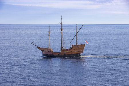 Dubrovnik, Croatia - 02. September 2020: Karaka, Tourist replica of Wooden Medieval ship, sailing to...