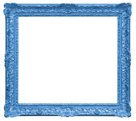 Old square blue wooden frame isolated on the white backgroundの写真素材
