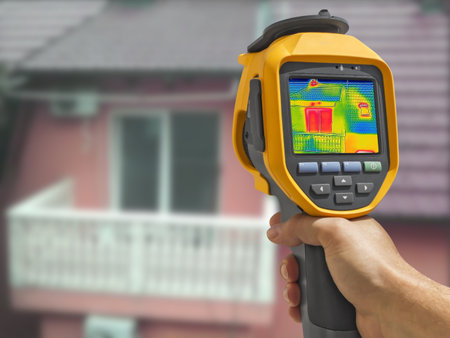 Recording With Thermal Camera Heat Loss in the attic at the family Houseの写真素材